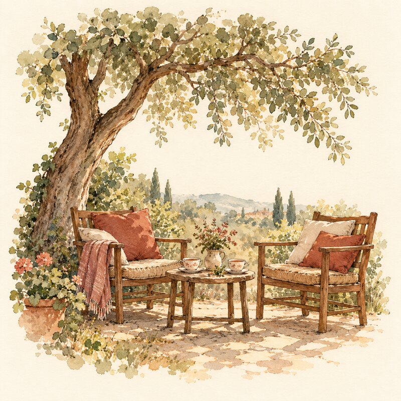 Deux fauteuils et une petite table sous un arbre.