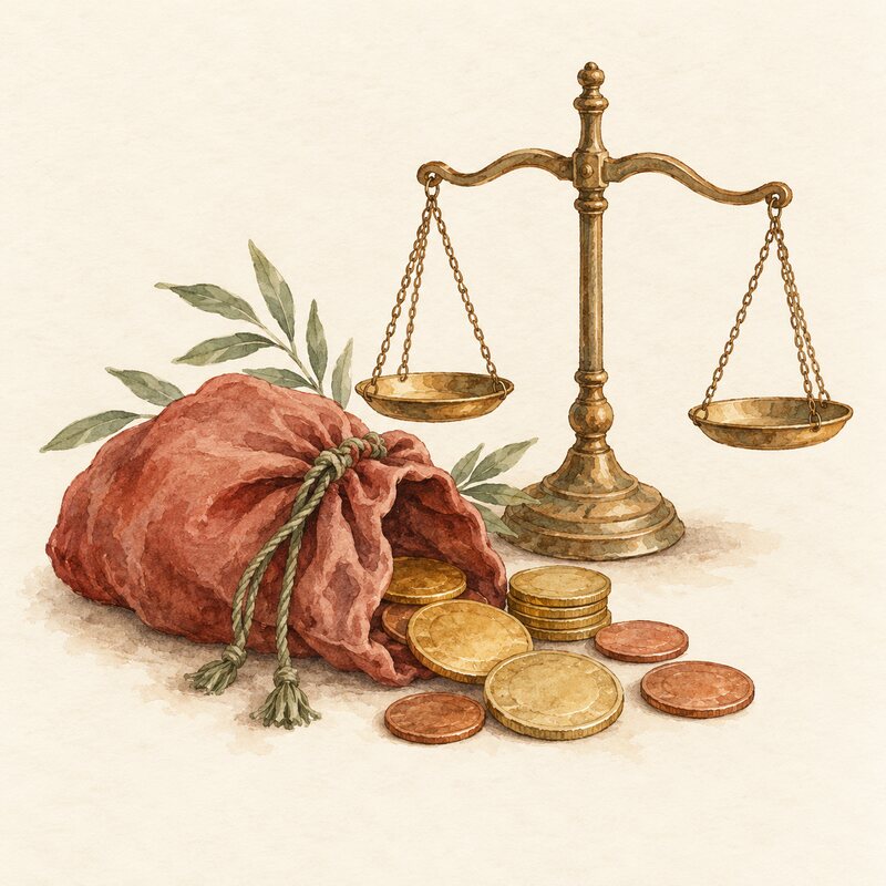 Des pièces anciennes, une bourse et une petite balance.