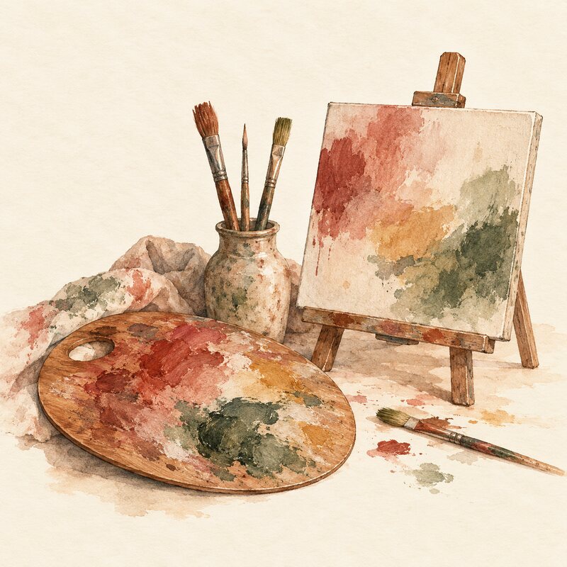Une palette de peintre, des pinceaux et une toile colorée.