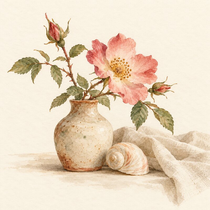 Une rose sauvage dans un vase avec un coquillage.