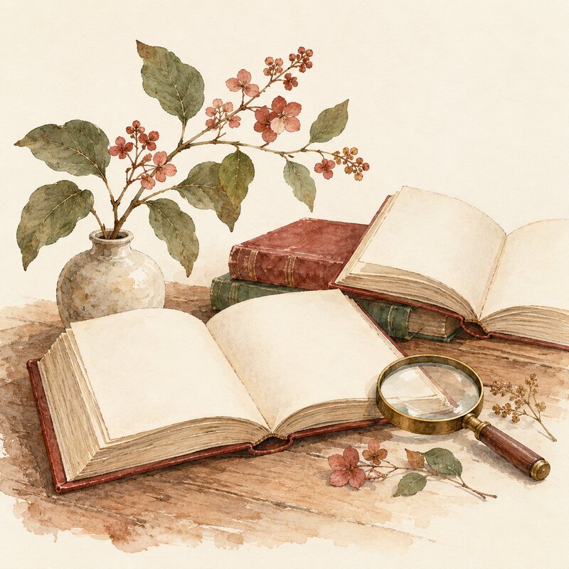 Des livres ouverts et une loupe accompagnent une branche fleurie.