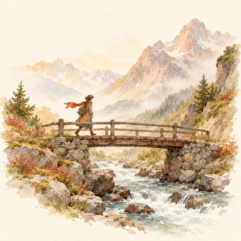 Une personne traverse un pont au-dessus d’un torrent de montagne.