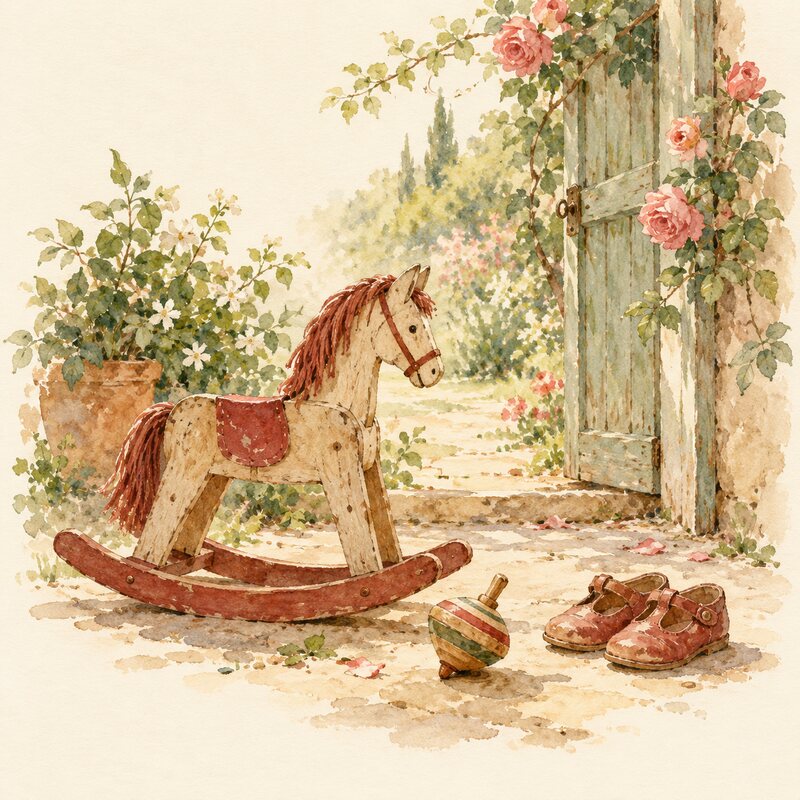 Un cheval à bascule, une toupie et de petites chaussures.