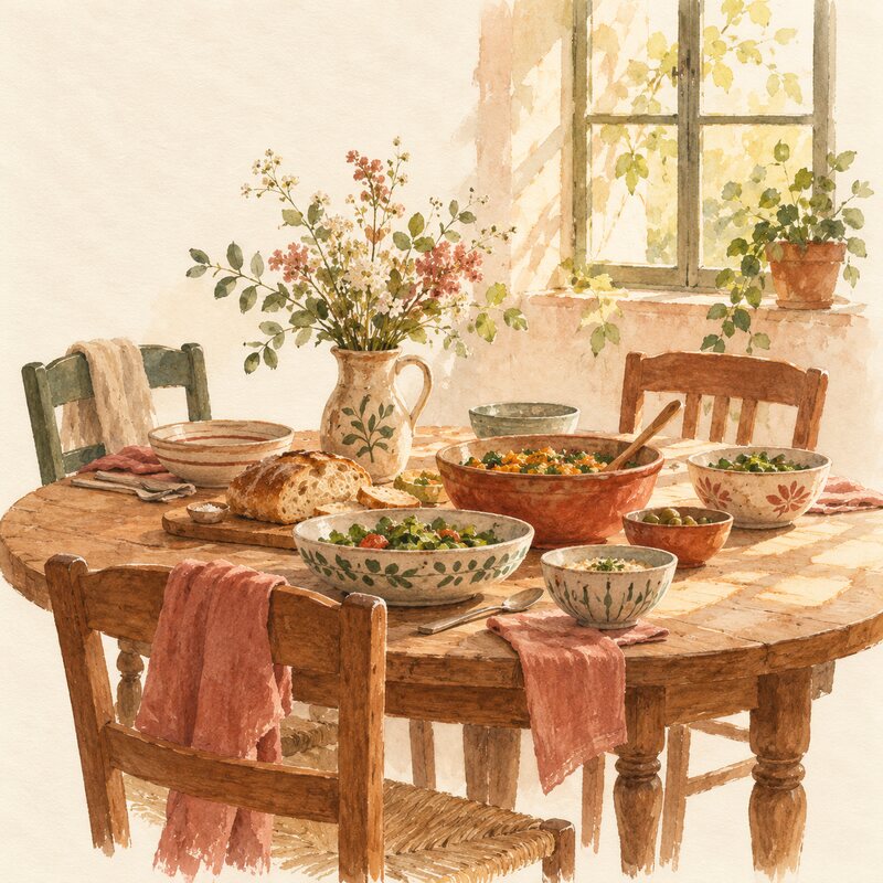 Une table ronde accueillante préparée pour un repas partagé.