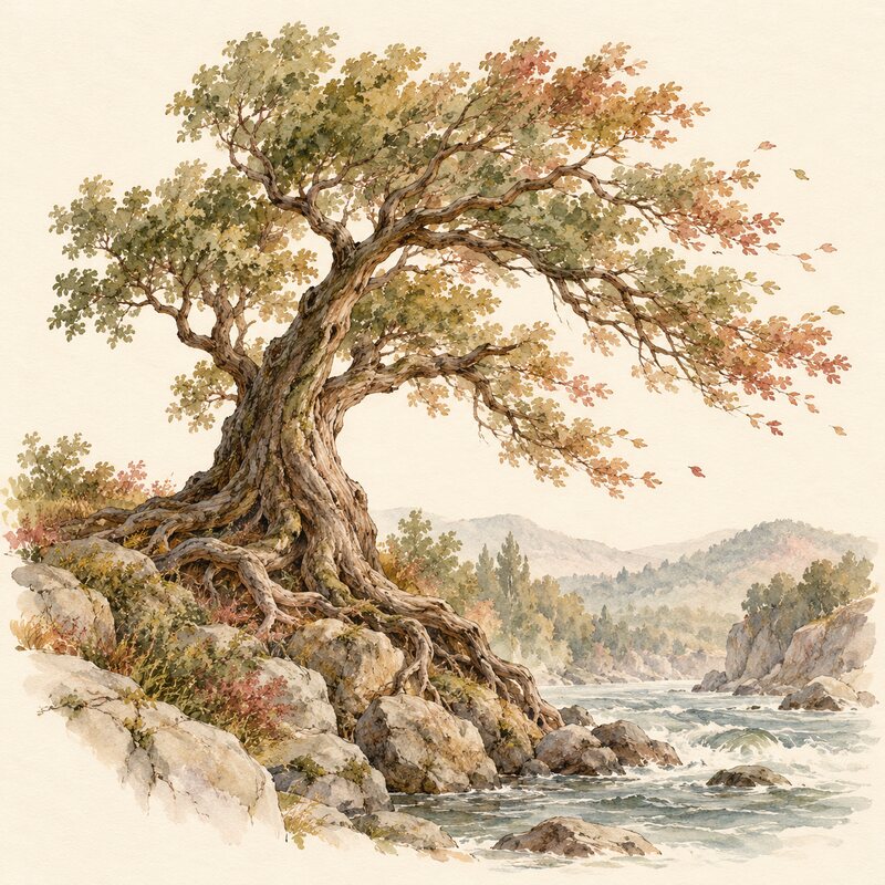 Les racines d’un arbre ancien s’accrochent à une rive rocheuse.