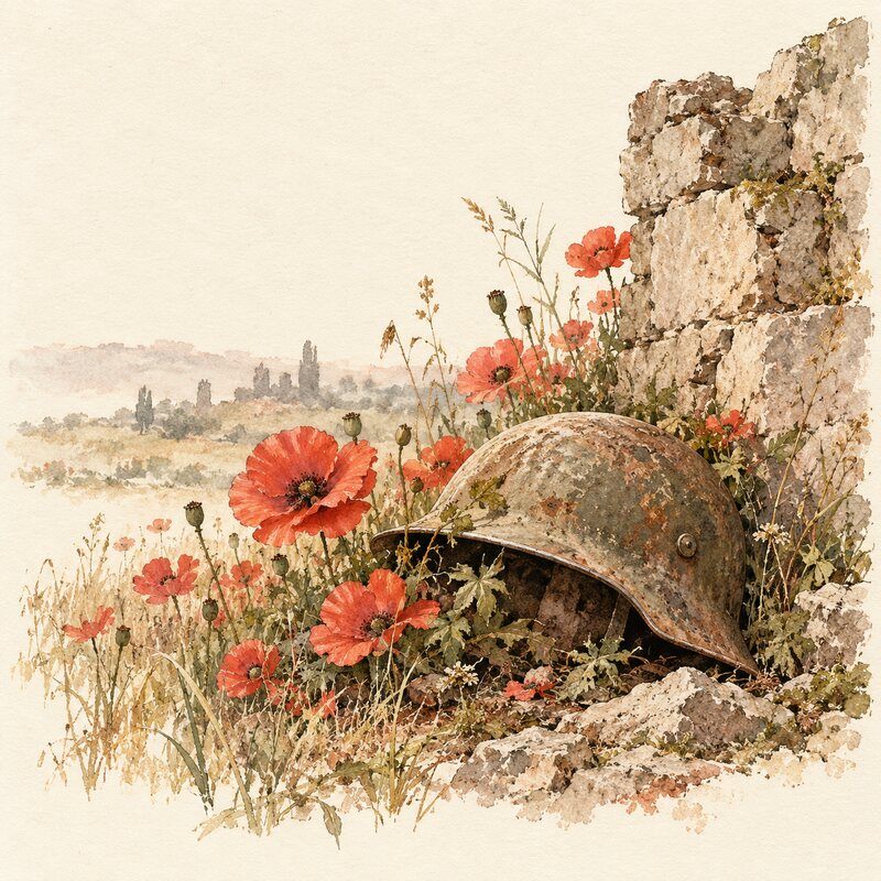 Un casque abandonné parmi des coquelicots près d’un mur en ruine.