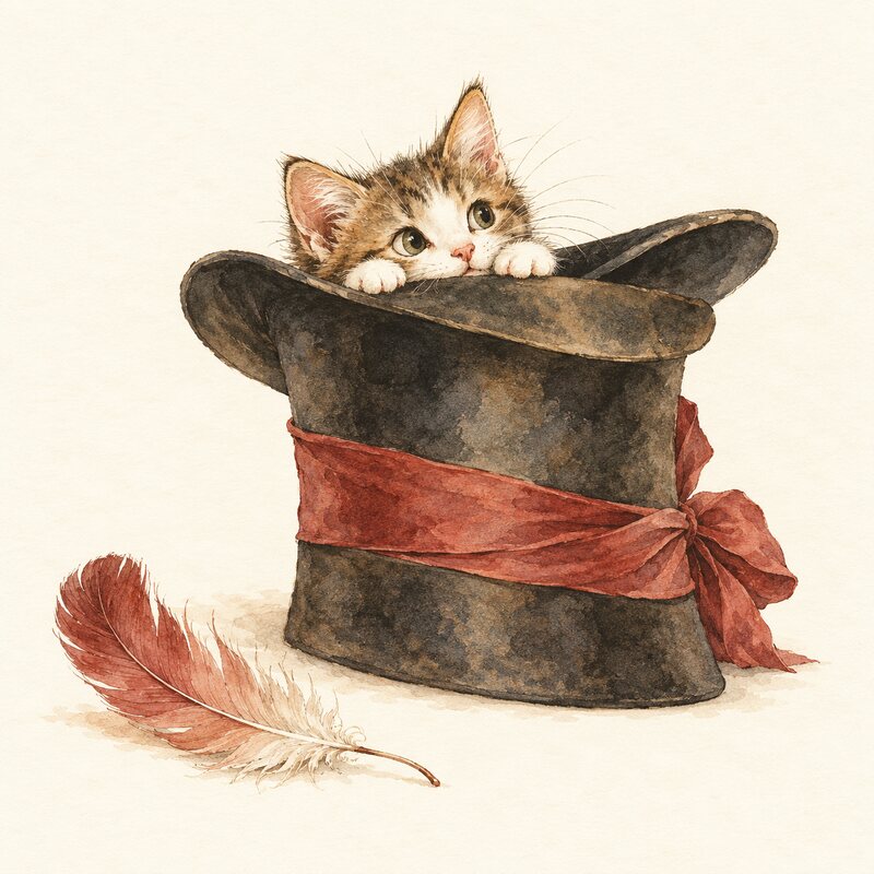Un petit chat curieux dépasse d’un grand chapeau.