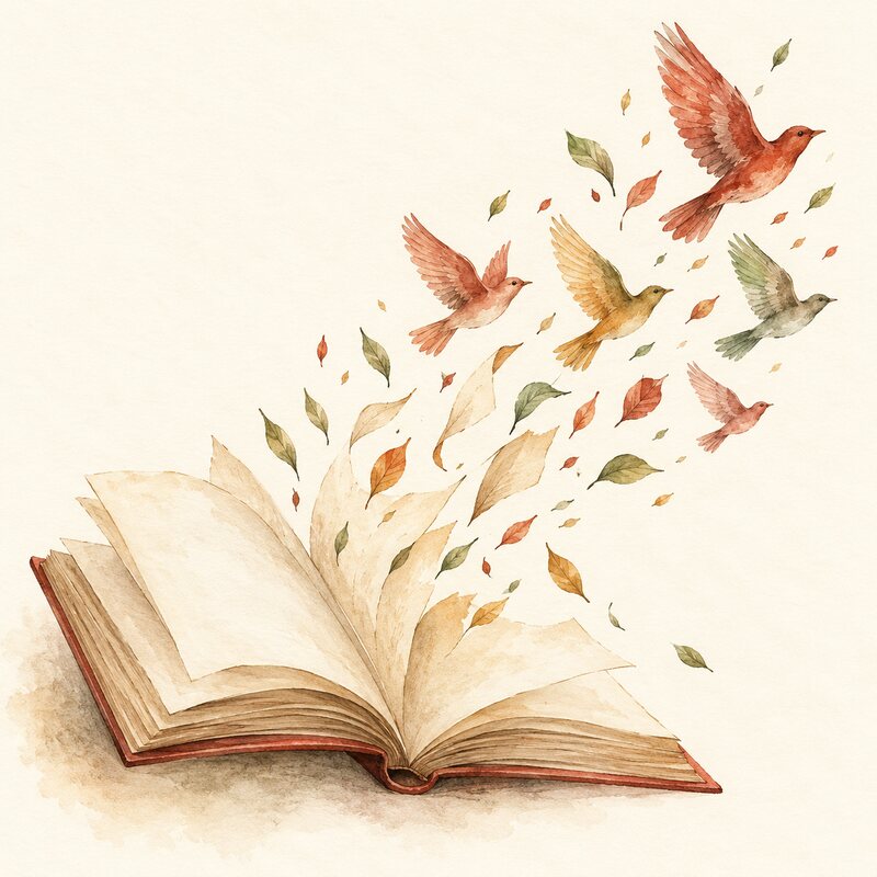 Les pages d’un livre deviennent des oiseaux et des feuilles.