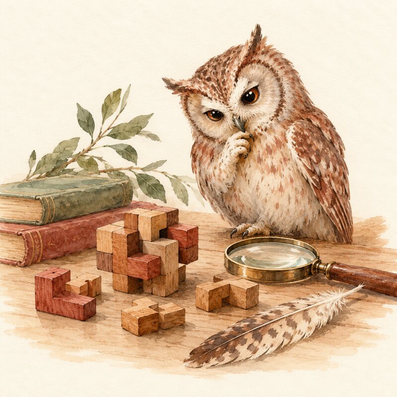 Une chouette, un casse-tête en bois, des livres et une loupe.