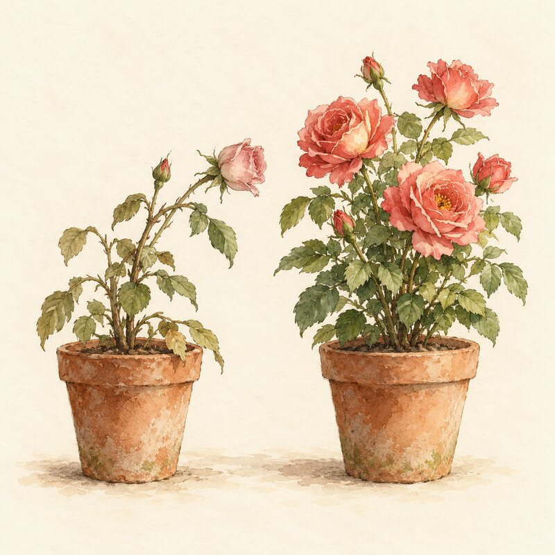 Deux rosiers en pot reçoivent différemment la lumière.