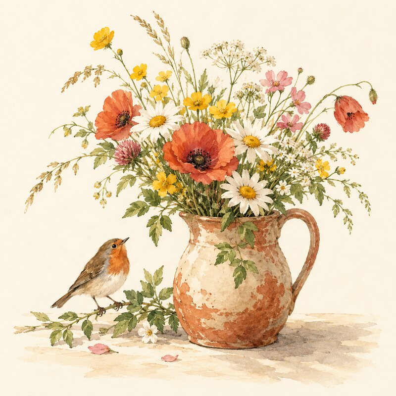 Des fleurs des champs et un oiseau dans la lumière du matin.