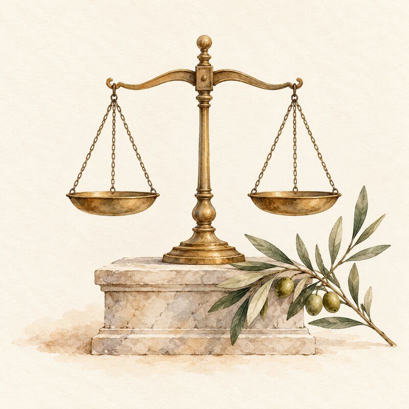 Une balance équilibrée repose sur un socle de pierre.