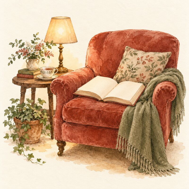 Un livre ouvert sur un fauteuil près d’une lampe et d’une tasse.