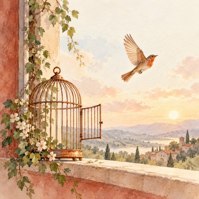 Un oiseau s’envole d’une cage ouverte.