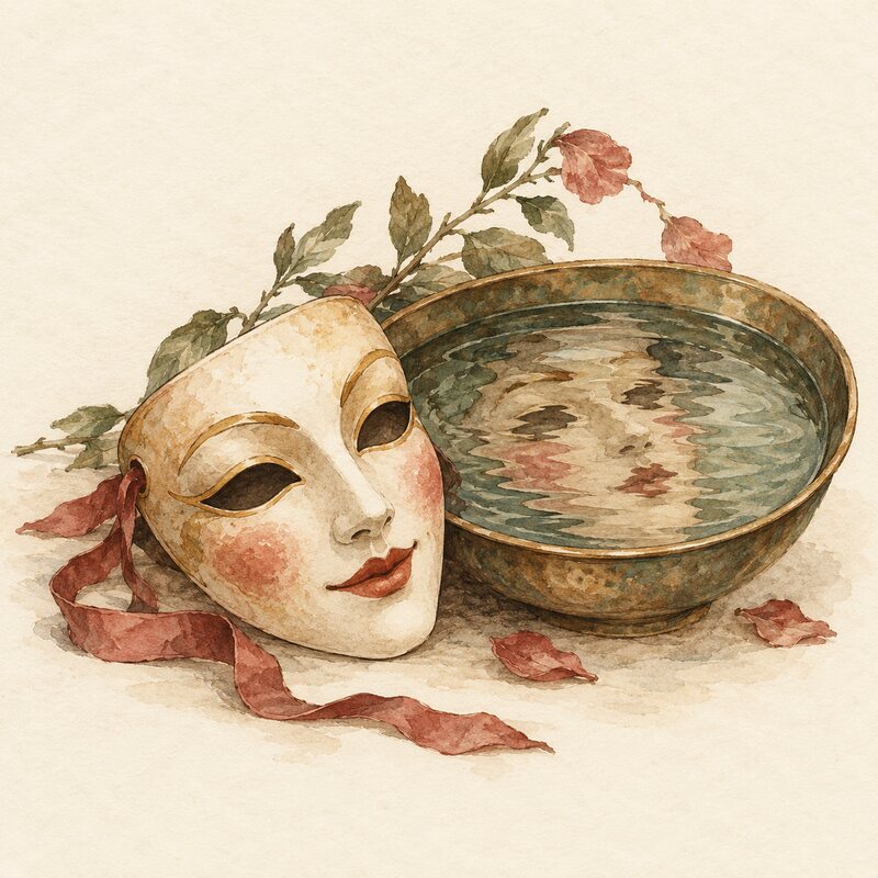 Un masque de théâtre et son reflet dans une eau troublée.