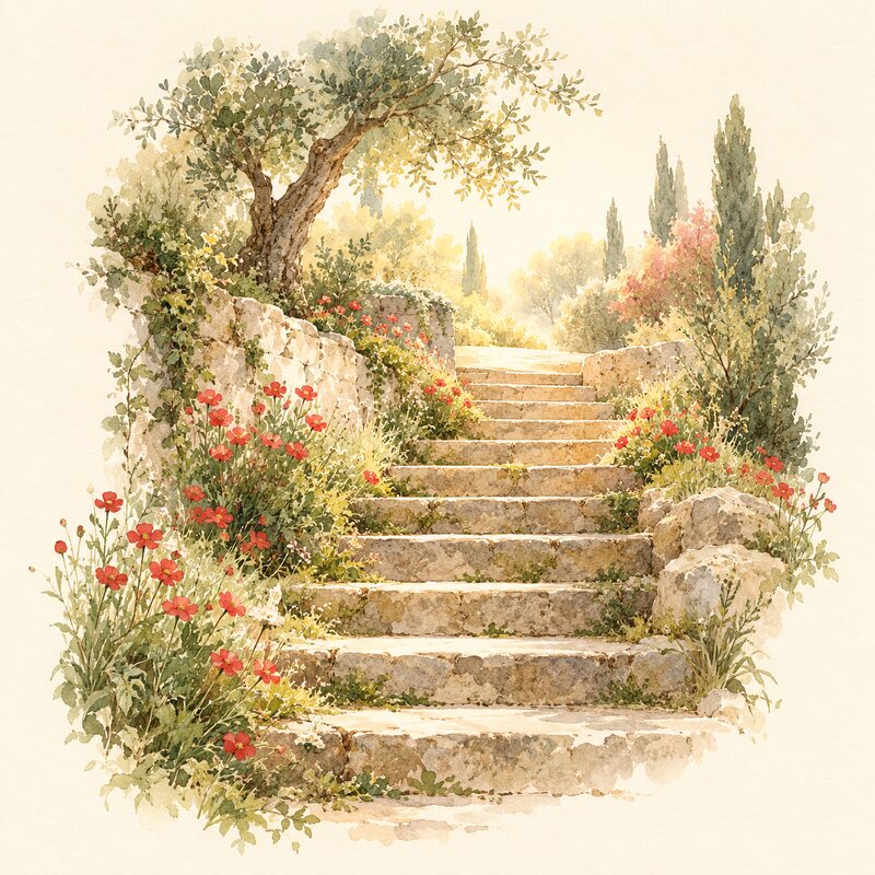 Un escalier de pierre monte vers une clairière lumineuse.