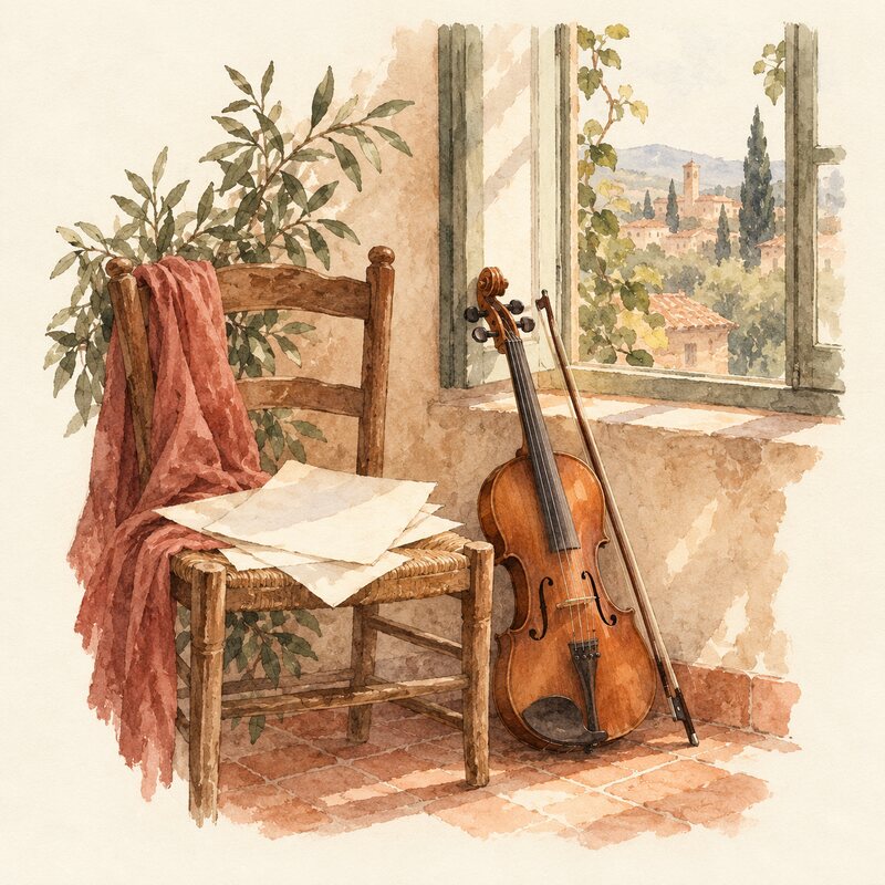 Un violon et son archet près d’une fenêtre ouverte.