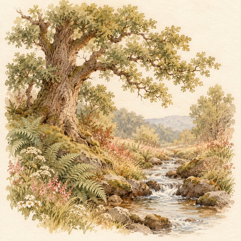 Un vieux chêne, des fougères et un ruisseau dans la forêt.