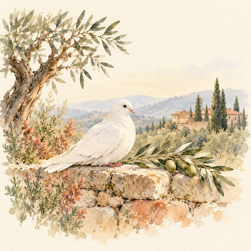 Une colombe blanche et un rameau d’olivier sur un muret.