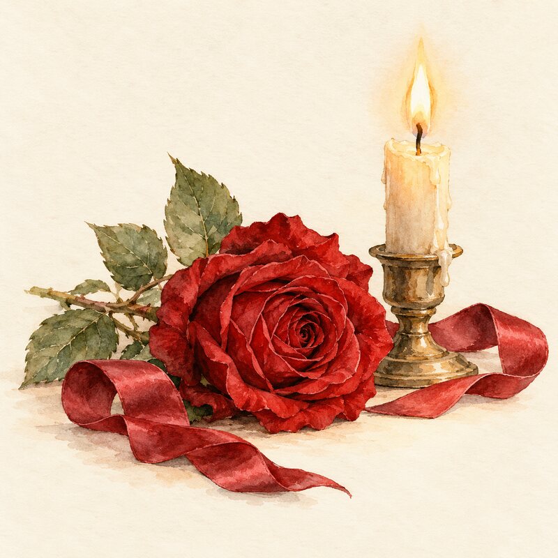 Une rose rouge, une flamme et un ruban de soie.