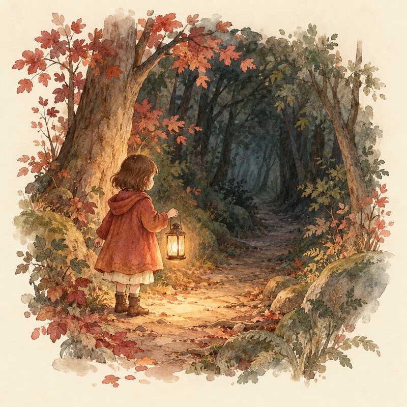 Une petite lanterne éclaire le début d’un chemin sombre.