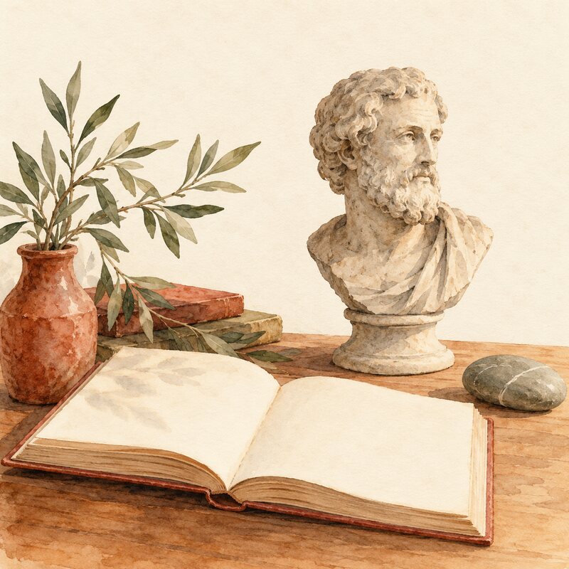 Un buste classique, un livre ouvert et une pierre sur une table.
