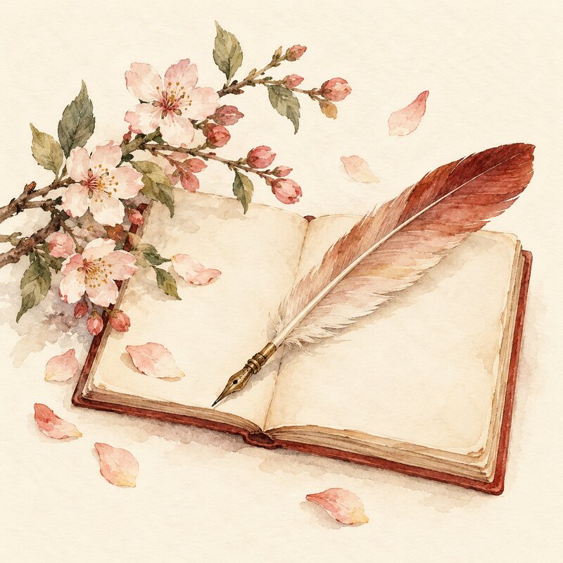 Une plume et un carnet ouvert près d’une branche en fleurs.