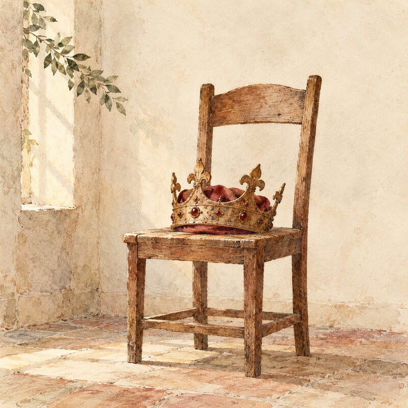 Une couronne ancienne repose sur une simple chaise.