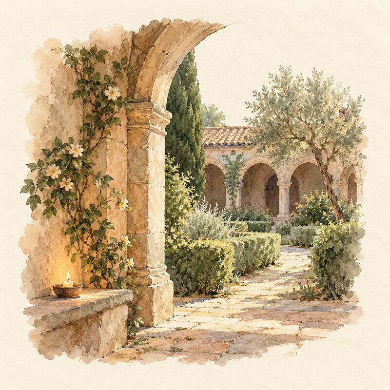 Un chemin intérieur traverse un jardin entouré d’arches de pierre.