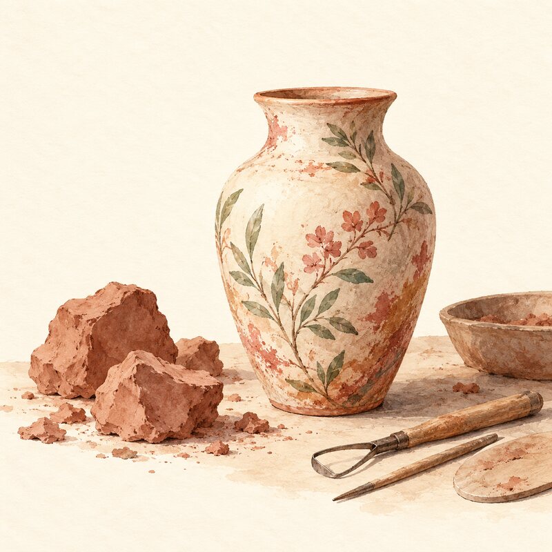 Un vase achevé près d’argile et d’outils de potier.
