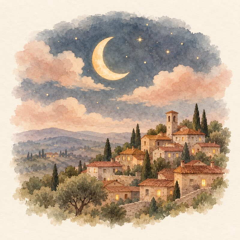 Un croissant de lune et des étoiles au-dessus d’un village endormi.
