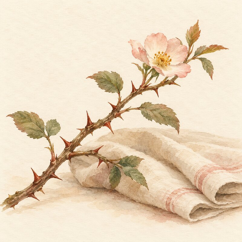 Une branche épineuse porte une fleur nouvelle près d’un linge plié.