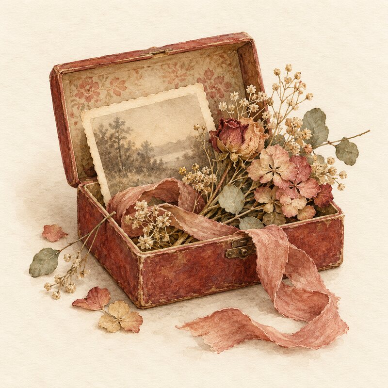 Une boîte de souvenirs contient des fleurs séchées, un ruban et une photographie.