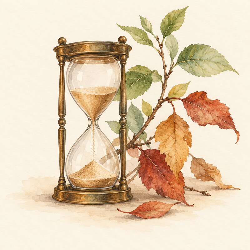 Un sablier ancien accompagné de feuilles de différentes saisons.