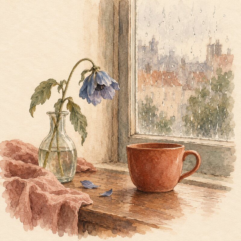 Une tasse et une fleur inclinée près d’une fenêtre sous la pluie.