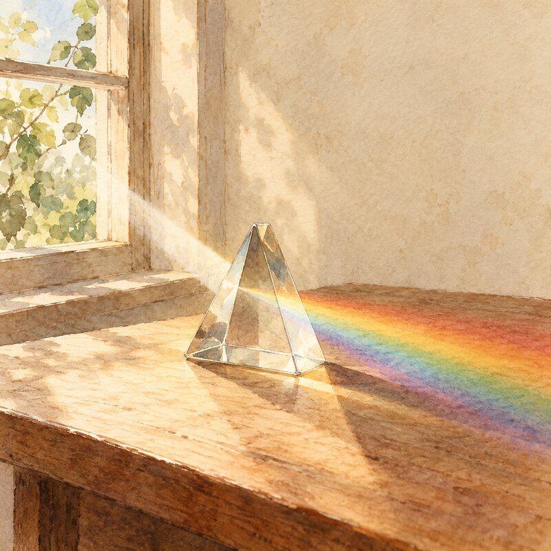 Un prisme de verre décompose un rayon de soleil.