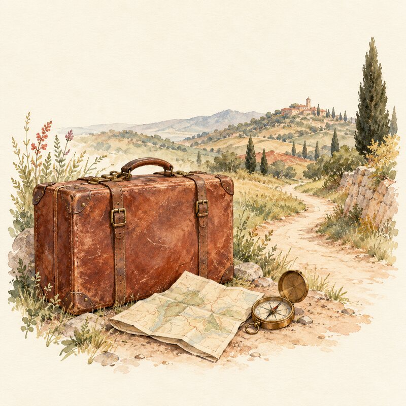 Une valise, une carte et une boussole au départ d’un chemin.